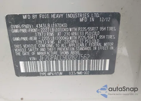 2013 Subaru Xv Crosstrek 2.0I Premium z USA, uszkodzony, nr VIN JF2GPACC9D2827562